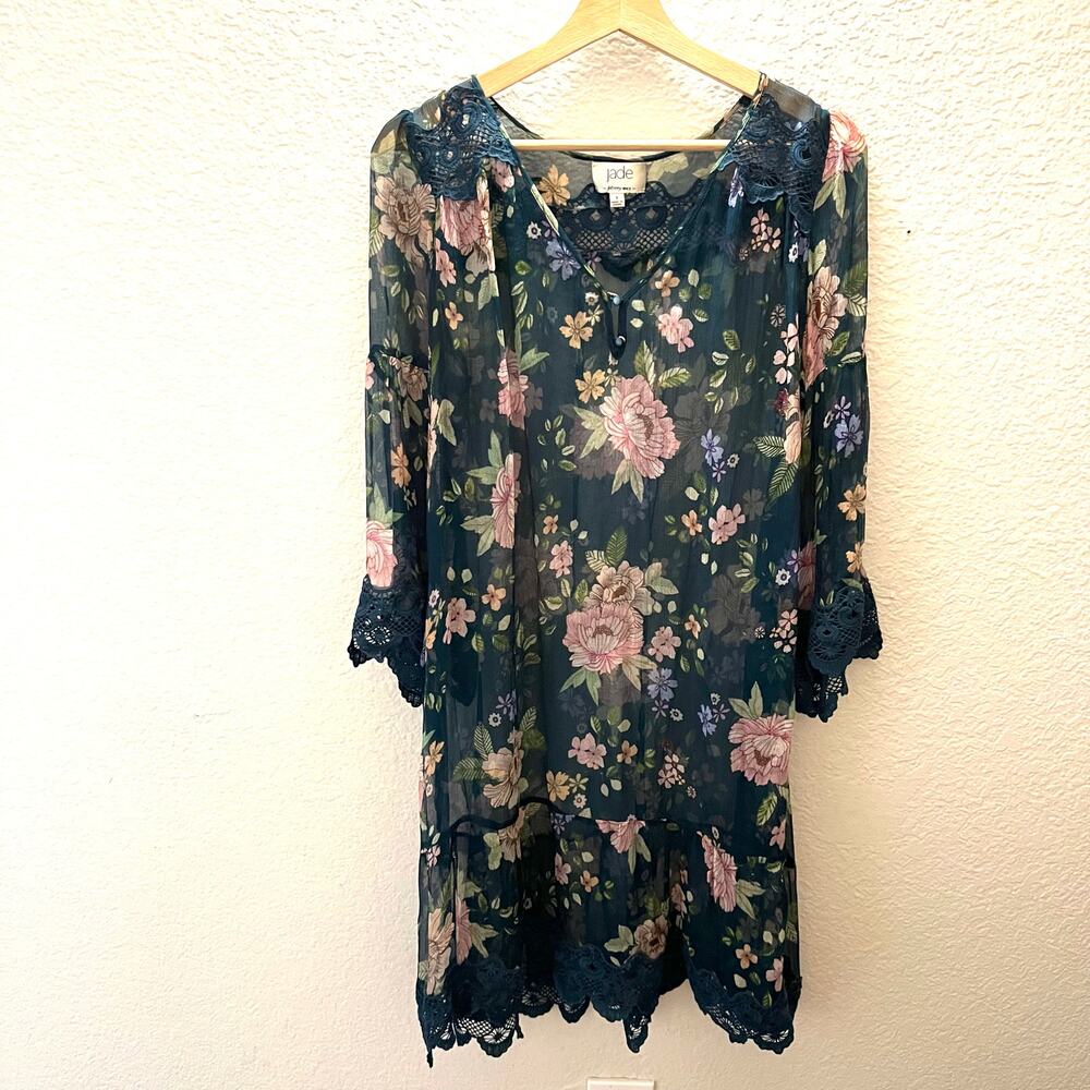 Johnny Was Jade 100% Silk Floral Lace Sheer Tunic Dress S Oversized Cottagecore